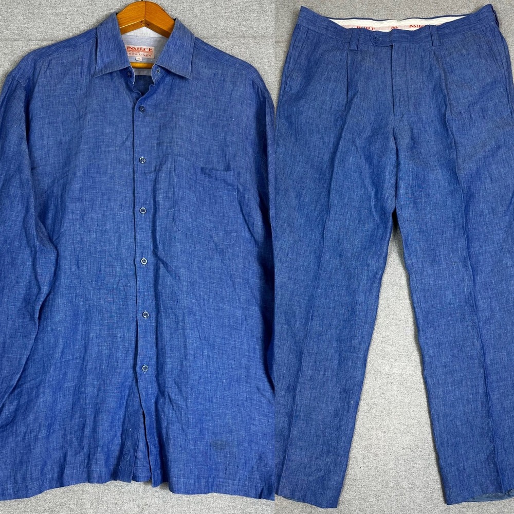 Inserch 2 Piece Linen Set Men XL Periwinkle Blue Long Sleeve Shirt Pleated Pants